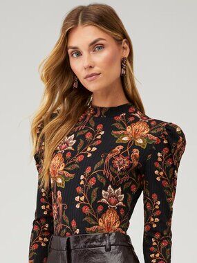 FARM Rio Black Berry Garden Bodysuit Puff Long Sleeve Thong Small